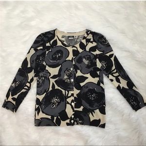 NWOT J Crew Black Gray Cream Floral 3/4 Slv Cardigan S